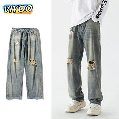 Men's Cotton Spting Summer Ripped Jeans Casual Pants Trousers Vintage Wide Leg Denim Pants Jeans For Men Fashion Clothing Streetwear