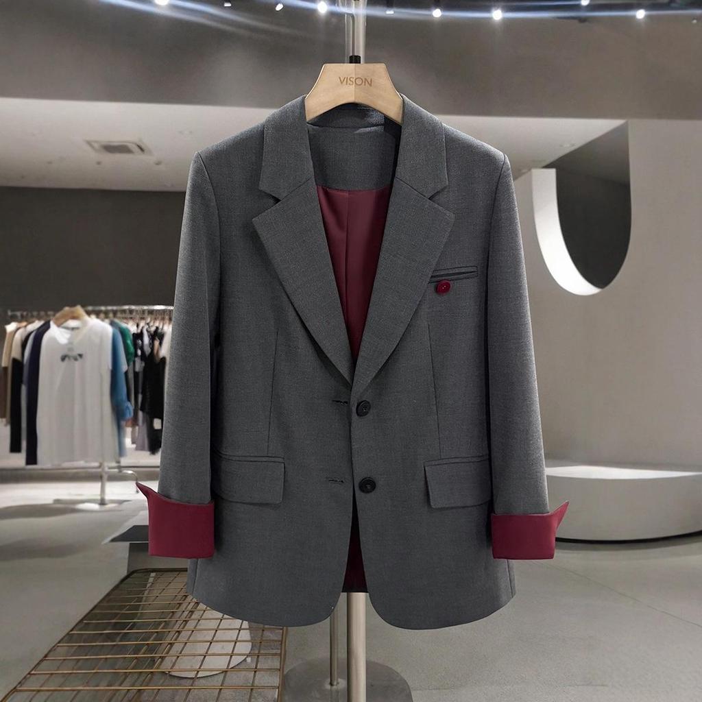 Ancola Damen Rot-Grau Patchwork Altersreduzierender Anzugjacke - 2025 Trendiger Streetstyle für Frühling & Herbst