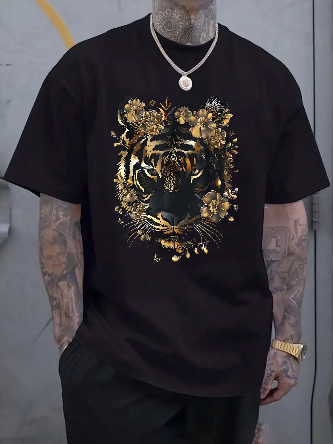 

Black Floral Tiger Print Crew Neck Short Sleeve T-shirt - Stylish Casual Summer Tee with Bold Golden & Black Design L