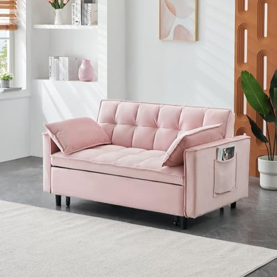 3 in 1 Convertible Sofa Bed, Modern Velvet Loveseat Sleeper Sofa Bed with Adjustable Backrest, Storage Pockets and Pillows, Sui