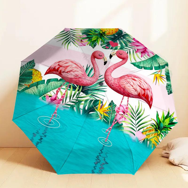 1pc Flamingo Tropical Automatic Folding Umbrella, Heavy Duty 8 Rib Iron Frame,  Suitable for Travel, Daily Use, Birthday, Decor Gift m0104045