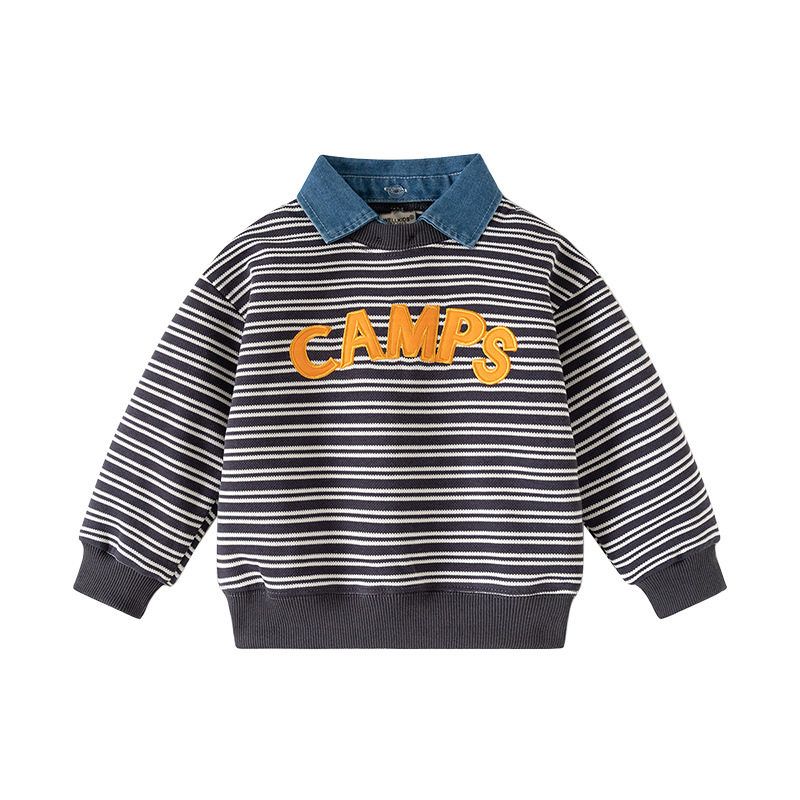 Boys' Fake Two Pieces Hoodie Spring and Autumn Children's Clothing Children's Detachable Denim Collar Top Baby Boys' Lapel Pullover