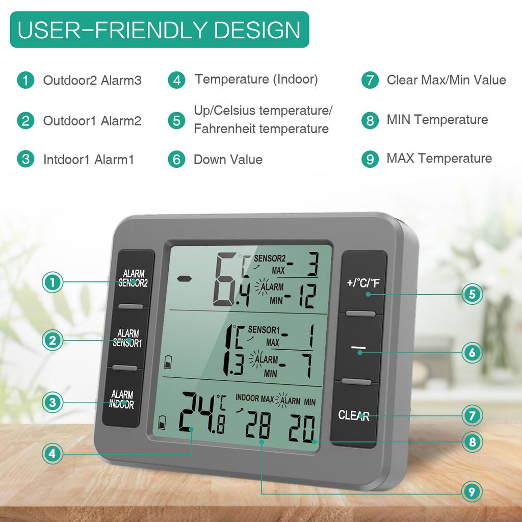 ORIA Fridge Thermometer Digital Freezer Thermometer with 2 Sensors Refrigerator Therm Wireless Indoor Thermometer for Home