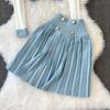 Herbst und Winter V-Ausschnitt Kontrastfarbe Schlanker Strickpullover Oberteil Hohe Taille A-Linie Faltenrock Mode Zweiteiliges Set