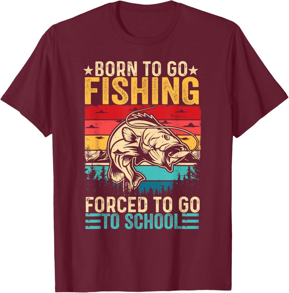Born To Go Fishing Forced To Go School Graphic TShirt Retro Sunset Lake Trees Men Casual Tee