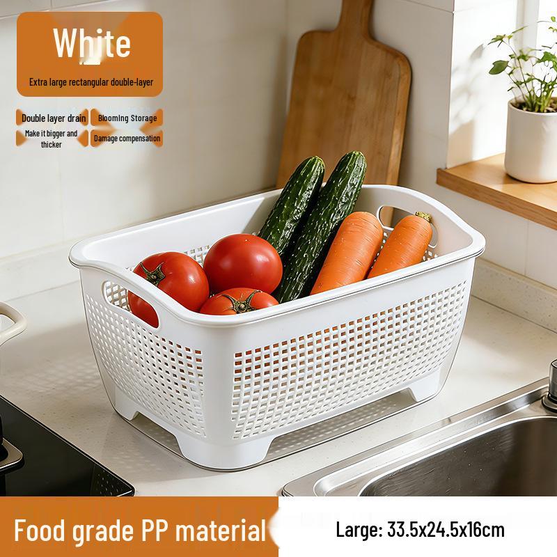 Dual-Layer Draining Basket for Vegetables, Fruits, and Rice - Large Capacity Storage Basin