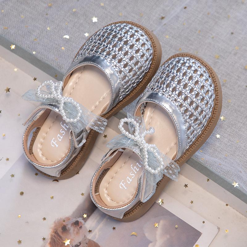 

Girls Weave Toes Capped Sandals with Pearl Bow Soft Sole Anti Slip Kids Summer Beach Shoes Children Princess Sandals New 26