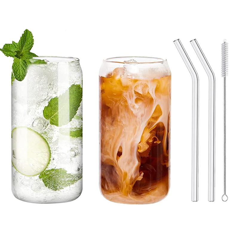 2Pcs 550ml Glass Cup Can Shaped Drinking Glasses Iced Coffee Cup Bubble Tea Mug Beer Tumbler Juice Milk Beverage Cup with Straws