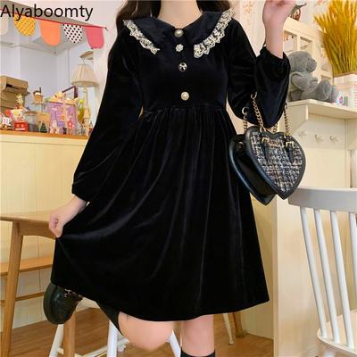 Japanese Lolita Style Spring Fall Women Mini Dress Peter Pan Collar With Lace Black Velvet Dress Long Sleeve Gothic Party Dress