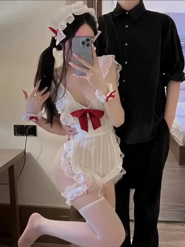 Cosplay Maid Costumes Sexy Teddies Cute Bow Tie Open Bra Bodysuit Fetish Strap Tights Role Play Uniform Hollow Backless Lingerie