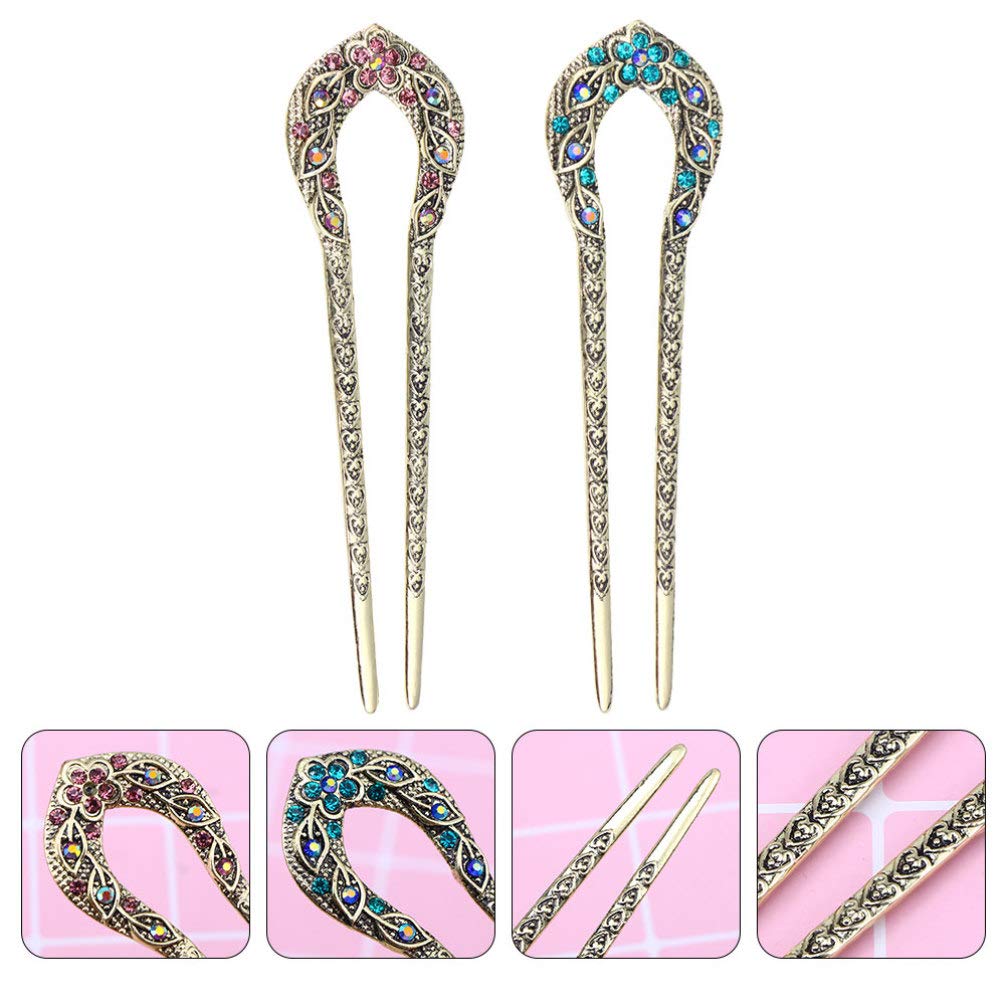 FRCOLOR U-shaped Kanzashi (hair Ornament), Set of 2, Vintage Style, Rhinestones, for Japanese Traditional Wear, Coming-of-age Ceremony, Wedding,