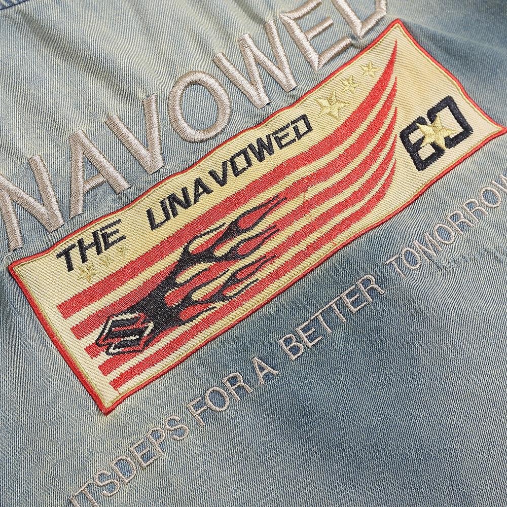 Джинсовая футболка с вышивкой букв и круглым вырезом — фото 3