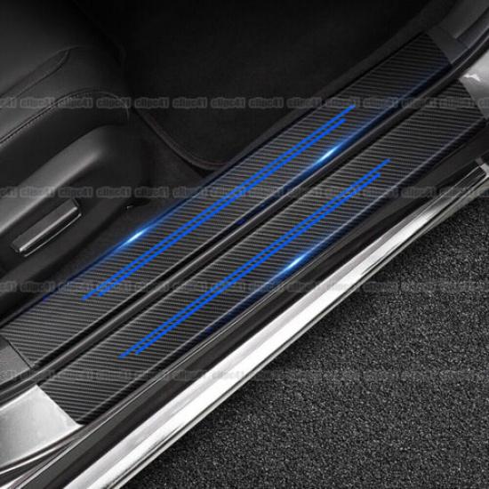 4Pcs Carbon Fiber Leather Car Door Sill Cover Protector Sticker Accessories Blue