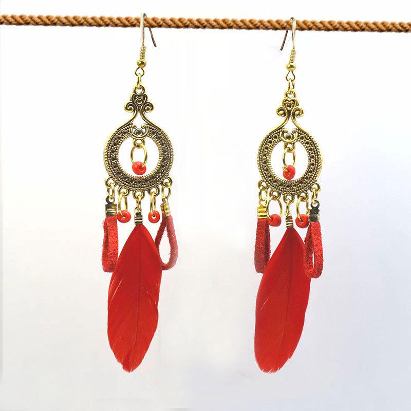 Ethnic Style Long Feathered Fringed Earrings Retro Bohemian Travel Auction Earrings Jewelry