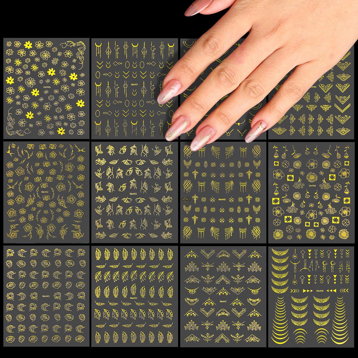 Gold Flower Rose Nail Art Stickers Set - 12 Sheets, Self-Adhesive, Versatile DIY Decals.