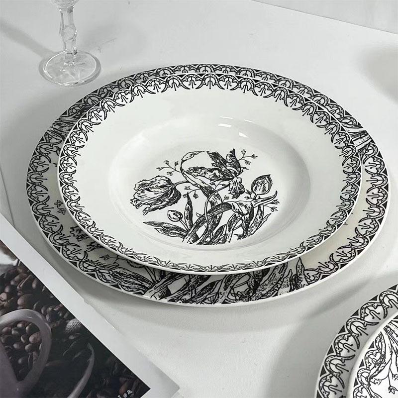 Spot Premium French Black Tulip Flower Ceramic Plate Art Western Food Soup Plate Cup Plate Hand Painted Dessert Steak Dining