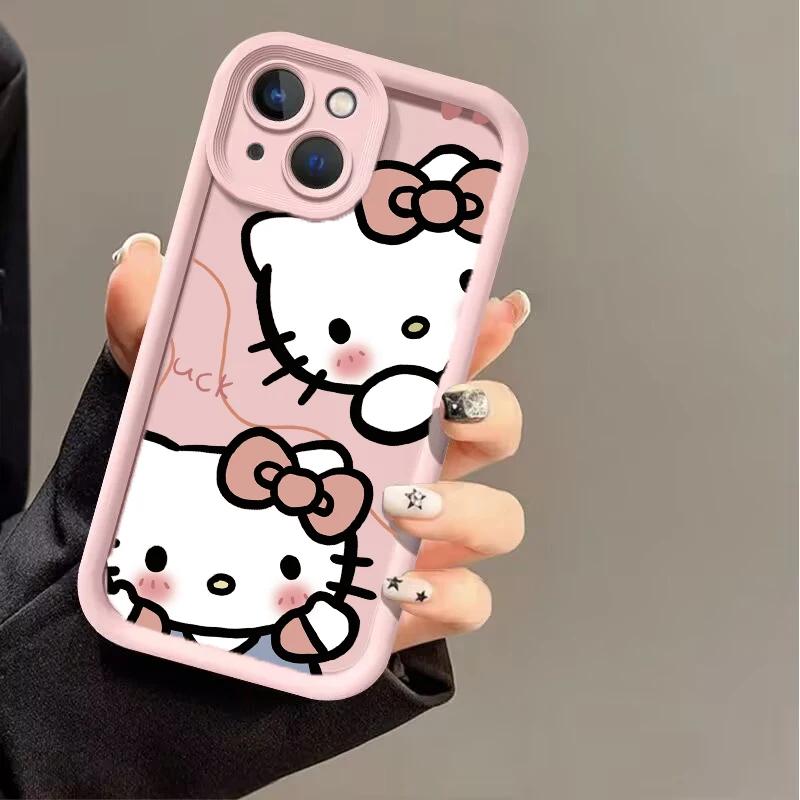 Pink Cartoon Hello Kitty Phone Case For Iphone 17 16 Pro Max 17 Air 16e 15 14 13 12 11 Pro Max 14 15 16 Plus INS Silicone Cover