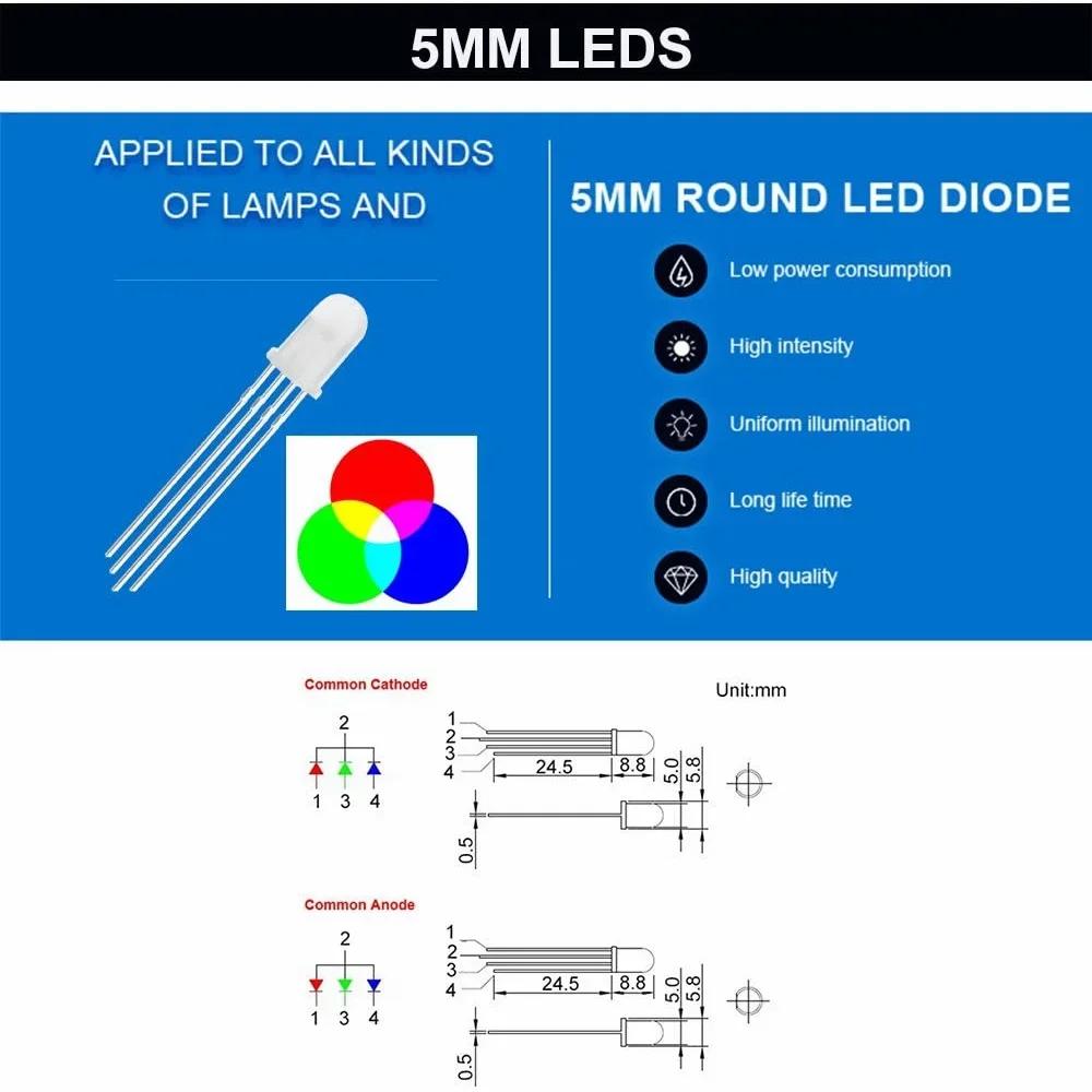 100 bucăți 5mm diodă LED colorată RGB roșu/verde/albastru catod comun/anod transparent evidențiază diodă de lumină colorată kit DIY