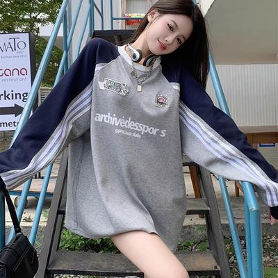 Amerikan Büyük Beden Çizgili Panelli Bisiklet Yaka Sweatshirt Moda Oversize Harf Baskılı Uzun Kollu Üst