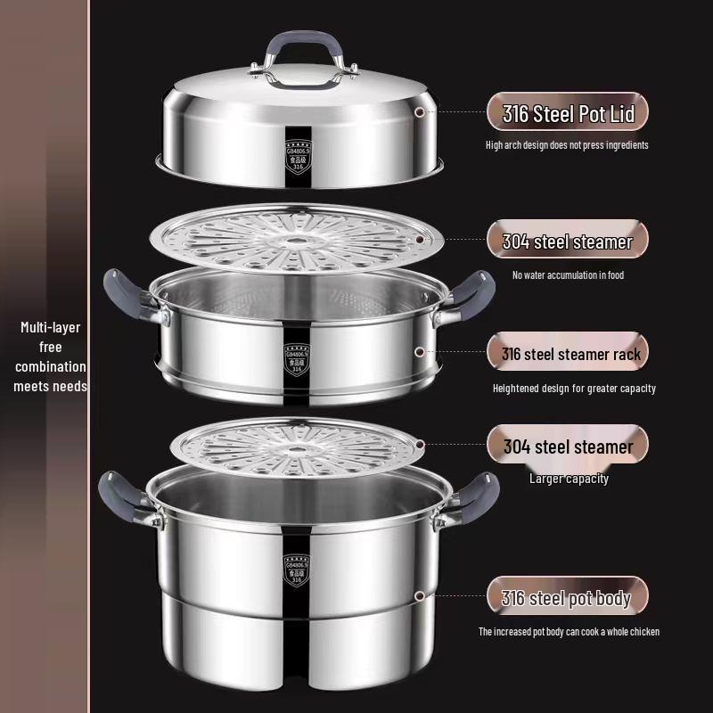 316 Stainless Steel Steamer Pot with Silicone Handle - Large Capacity Multi-layer Stew Basket