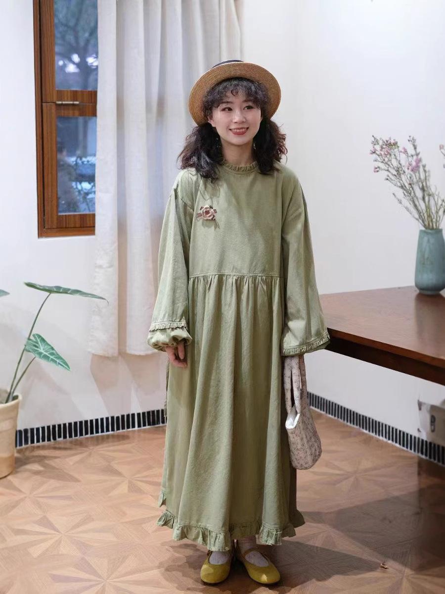 

Johnature Japanese Forest Fungus Stand-up Collar Dress Spring Loose Vintage Casual Versatile Women Dresses One Size зелёный