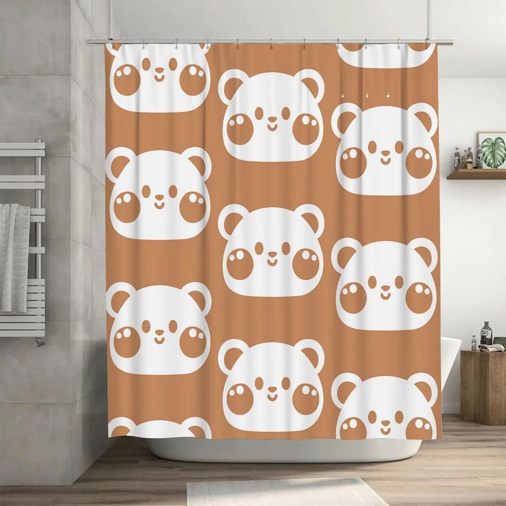 Cute Cartoon Panda Design Shower Curtains Set for Bathroom Decor Waterproof Fabric Shower Panels in Orange White Colorful
