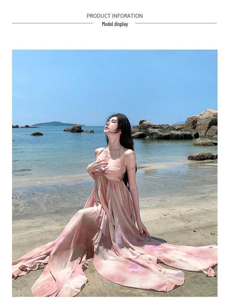 Elegantní šaty bez zad s volánky ve francouzském stylu na halterový krk pro ženy - Ideální na letní dovolenou u moře