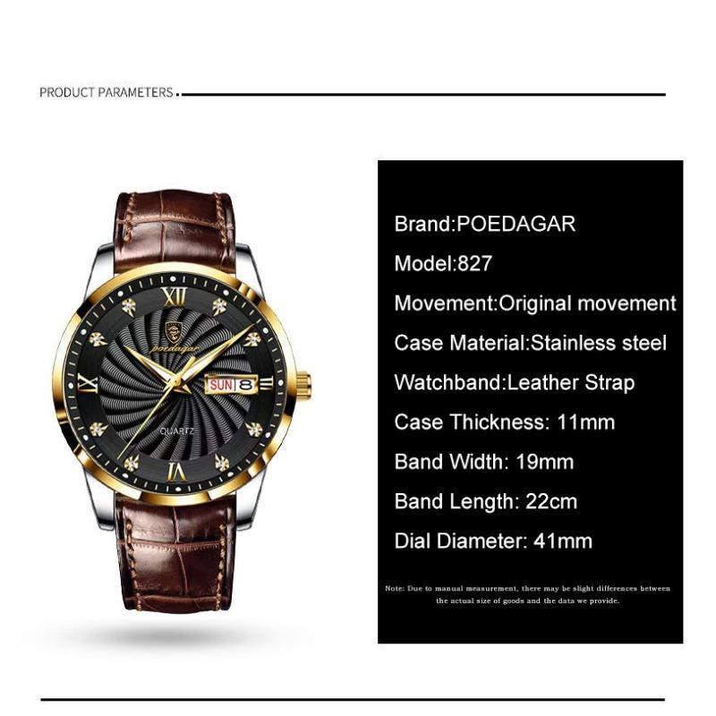 POEDAGAR High Quality Men's Watch Fashion Luxury Casual Belt Leather Strap Date Week Luminous Waterproof Quartz Men Watches+Box