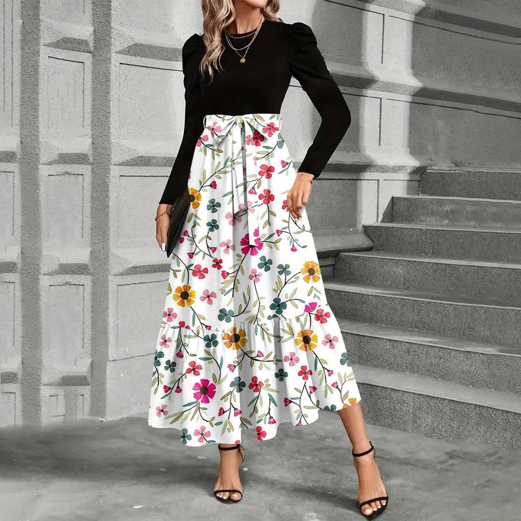 Women's Floral Print High Waist Fashionable And Elegant Dress