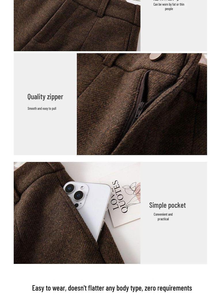 Coffee-Colored Fleece-Lined Wool Blend Wide-Leg Petite Pants - New Style, Thickened, Eight-Tenths Length, Cashmere Straight-Leg for Women.