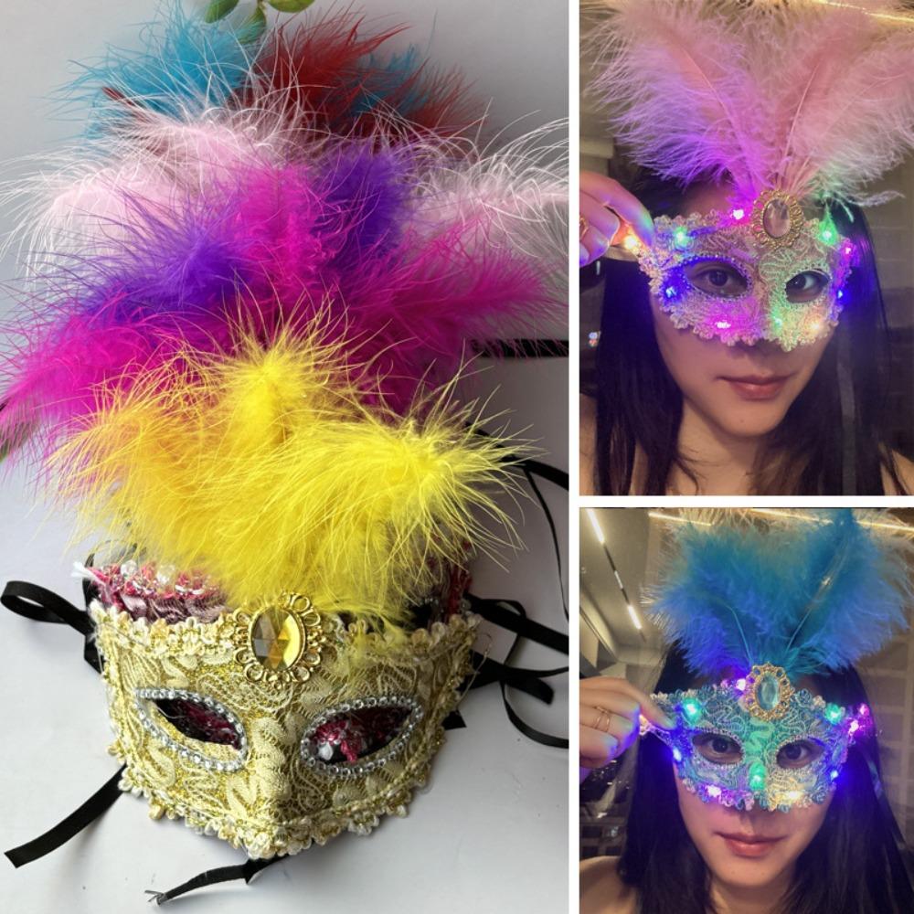 Rhinestone LED Glowing Mask Lace Venice Masquerade Mask Carnival Feather Mask  Show