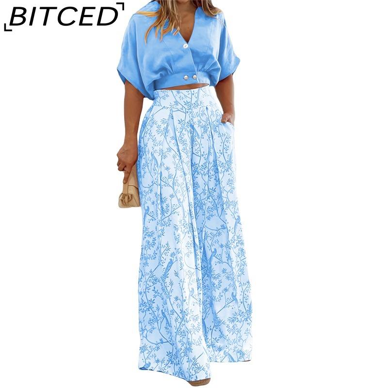 BITCED Summer Set Shirt Top with V-Neck Fashion Print Wide-Leg Trousers Stylish Set