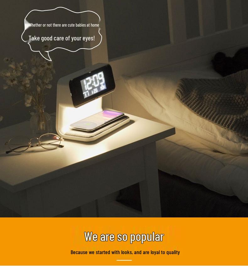 10W Wireless Charging Bedside Lamp with Alarm Clock & Three-Level Dimming Night Light