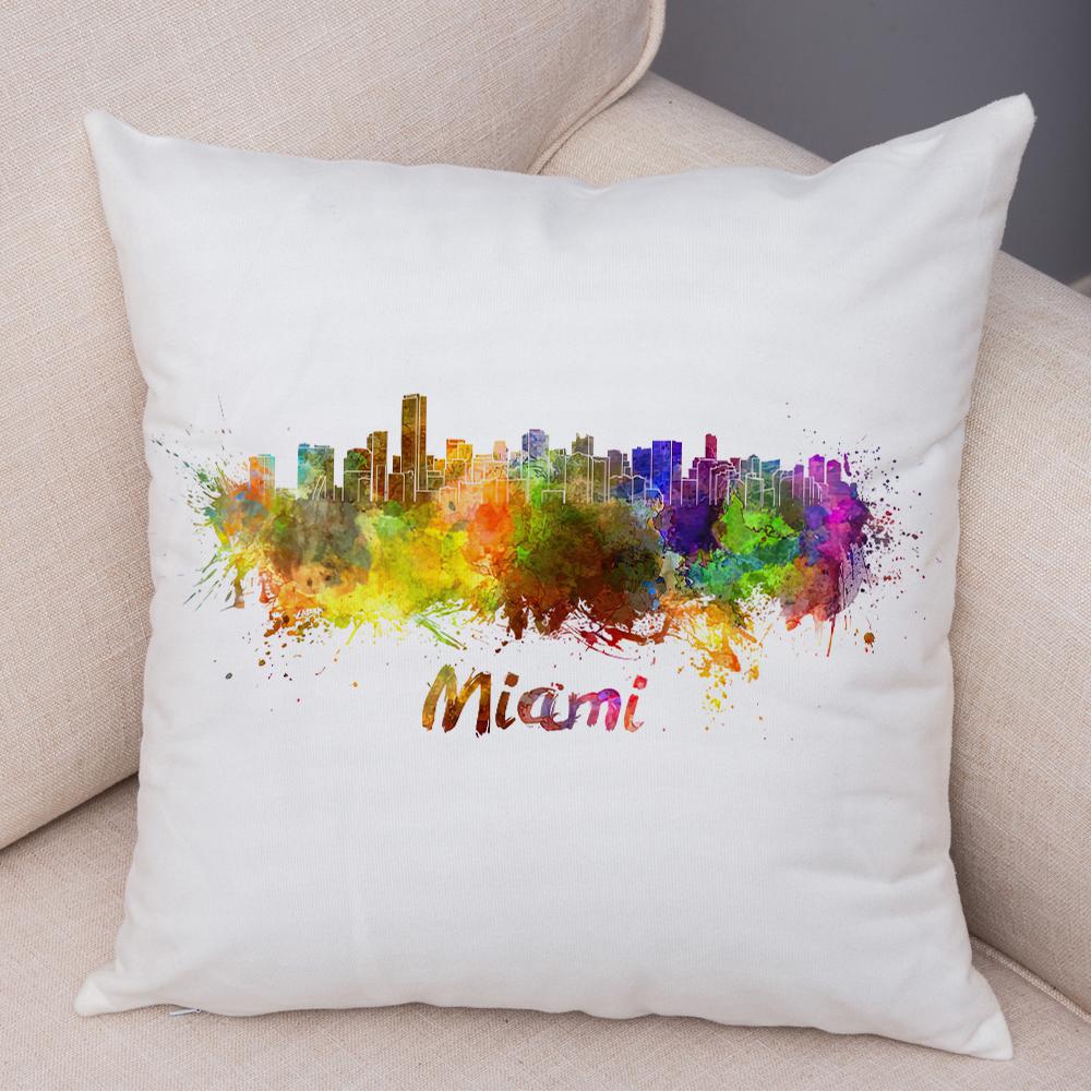 Watercolor City Skyline Cushion Cover Global Landmarks Art Print Soft Linen Living Room Bedroom Home Decor Pillow Case