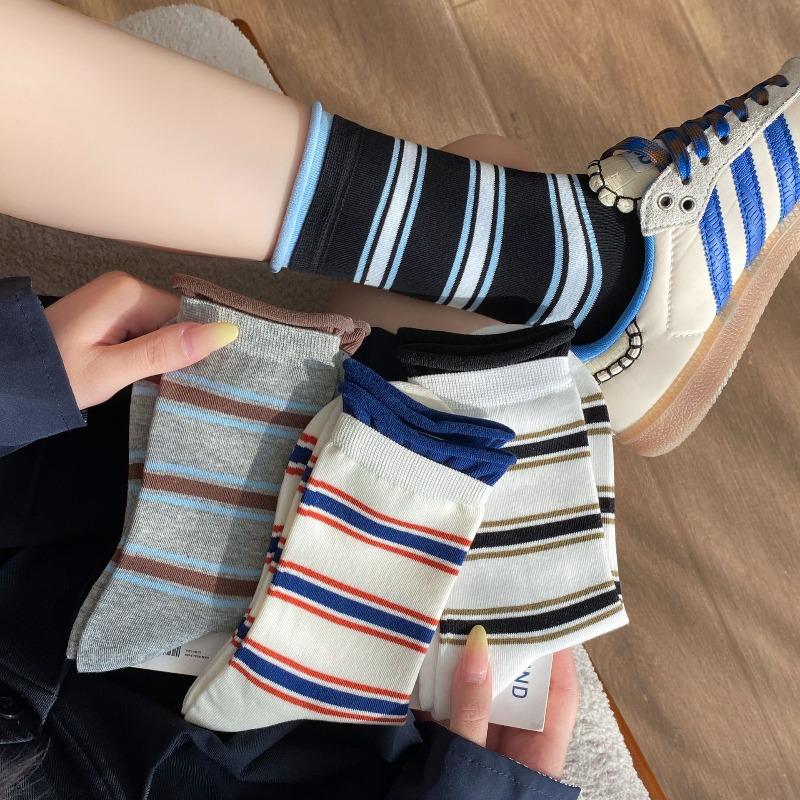 Women's Autumn and Winter Dopamine Striped Mid-calf Socks with Rolled-up and Loose Cuffs, Versatile Pile Socks