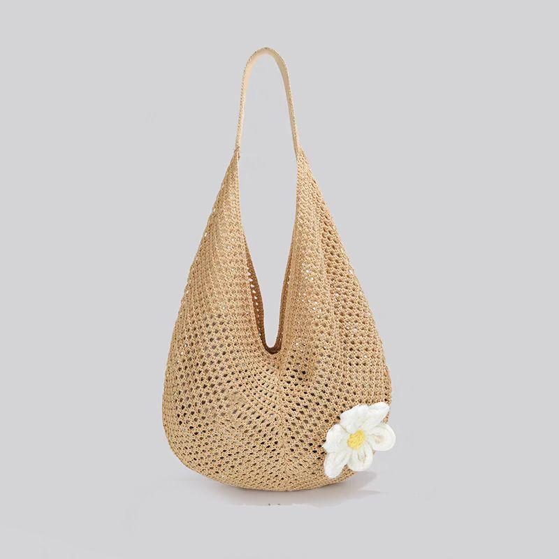 

Bai Tiya Woven Bag Women Summer 2025 New Red Hollow Seaside Vacation Shoulder Bag Commuter Tote Bag Khaki
