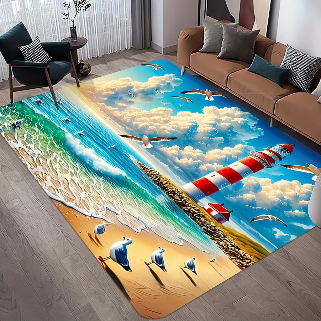 Vintage Ocean Seascape Door Mat, Retro Lighthouse & Seagull Pattern Rug, Non-Slip Washable Decor Carpet for Living Room Bedroom