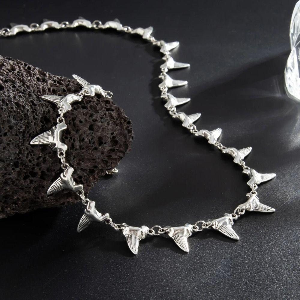 Ethnic Style Shark Teeth Pendant  Bracelet Silver Geometric Jewelry Set Rivet Spike Necklace  Gift