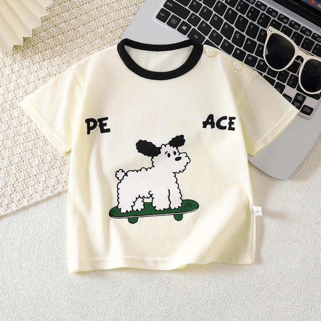 Letní trička s krátkým rukávem 2026 pro chlapce a dívky Miminko Jaro Kulatý výstřih Kreslený bavlněný top pro děti