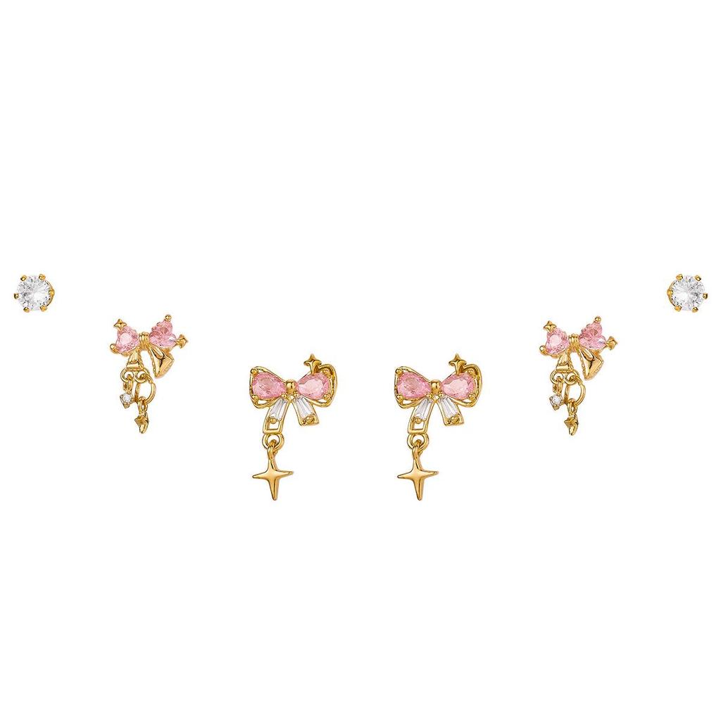S925 Silver Pink Bow & Star Zircon Stud Earrings - Exquisite Autumn/Winter Style for Women