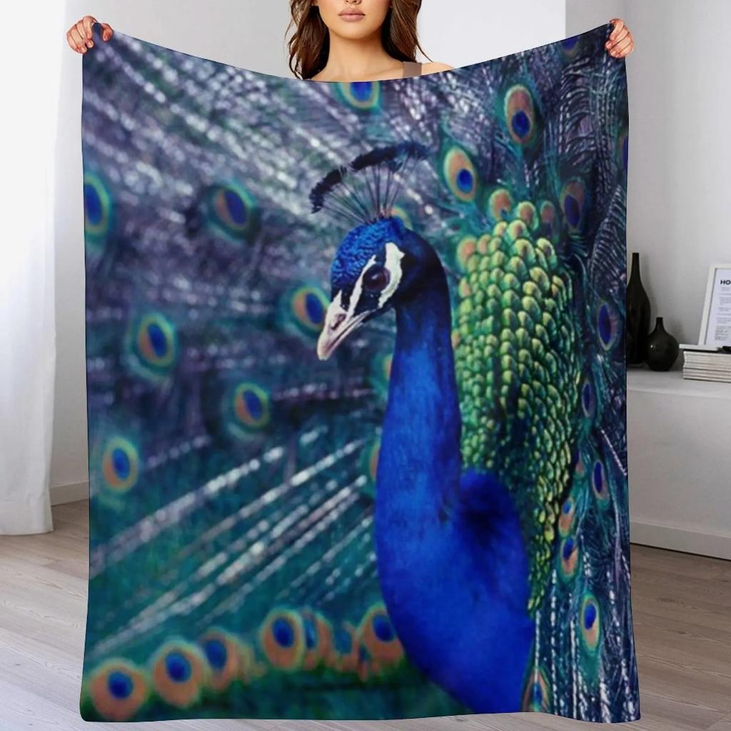 Blue Peacock Throw Blanket Soft Sherpa Fleece Warm Blanket for Winter