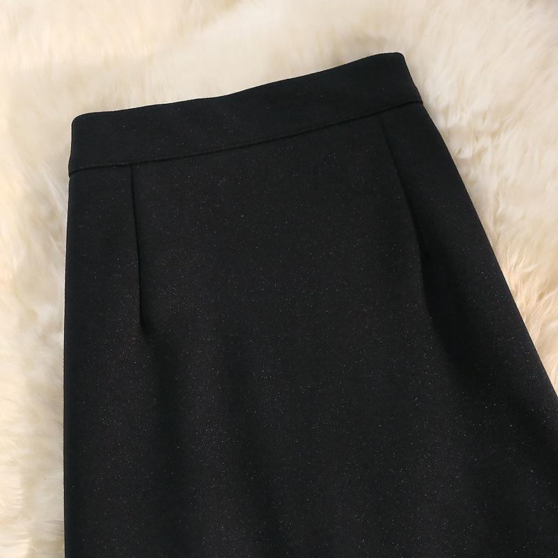 Women's Slimming A-Line Black Wool Mid-Length Skirt - Thickened & High-Waist for 2024 Autumn/Winter.