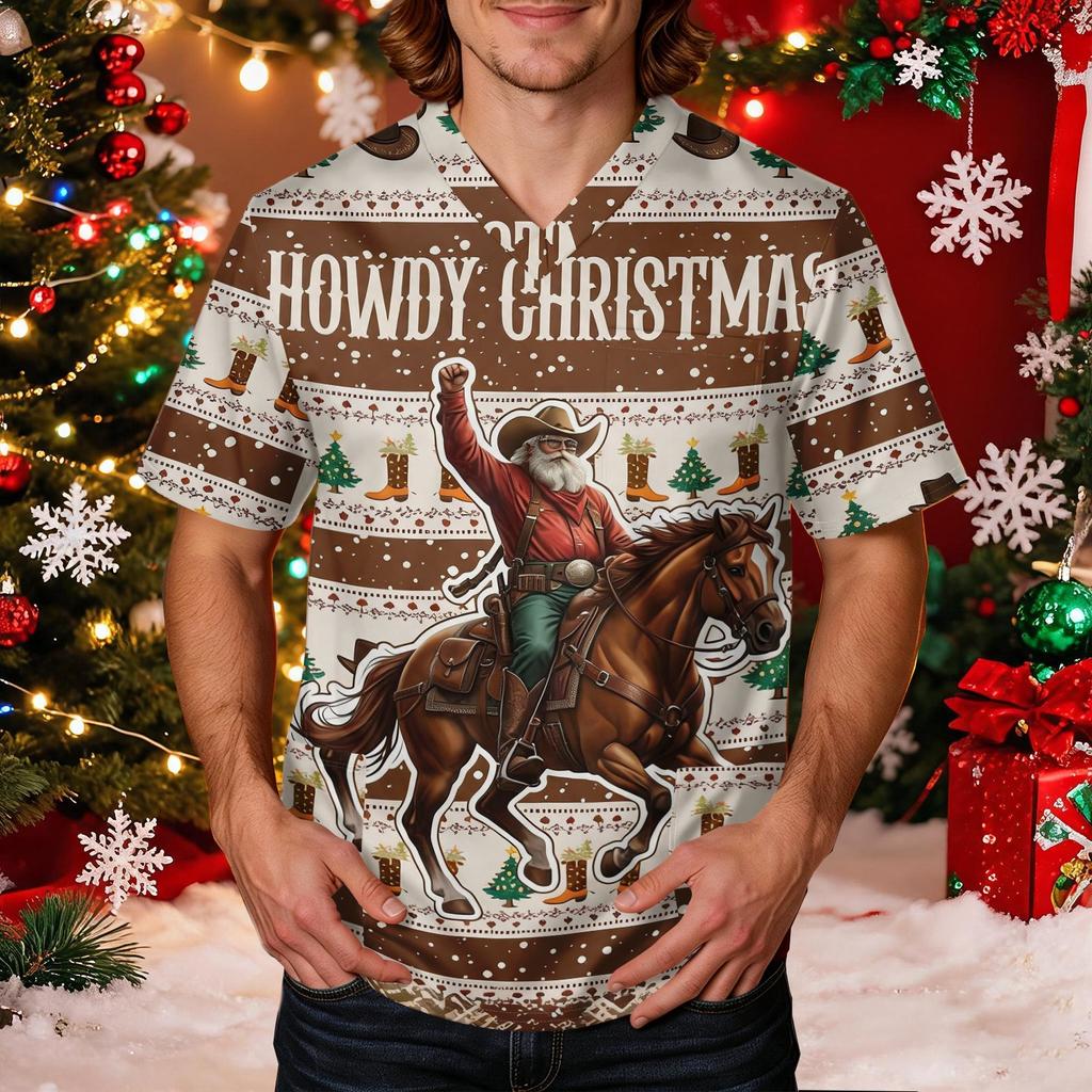 Men's Caregiver Uniform Top with Christmas Print Short Sleeve V-Neck and Pockets