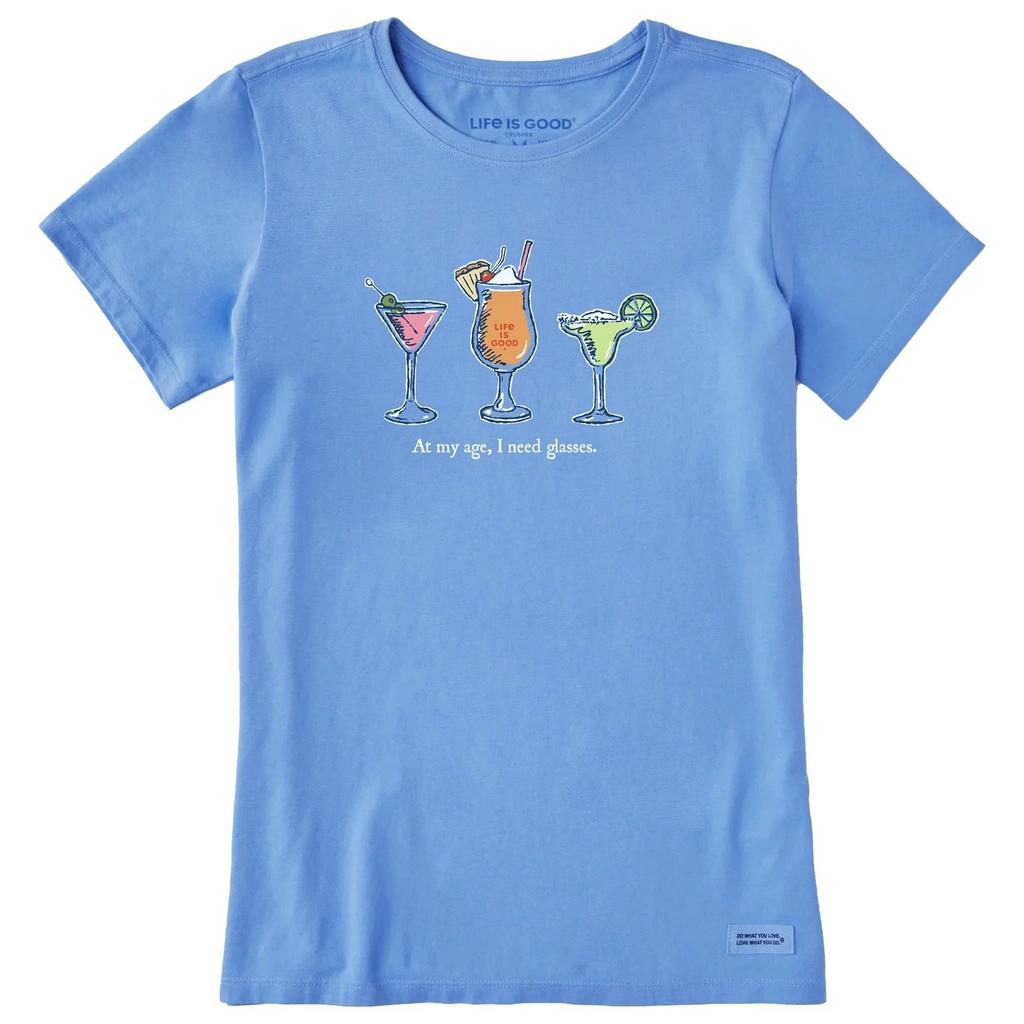 Women's I Need Glasses Cocktails Short Sleeve Crusher-LITE Tee, Cornflower Blue