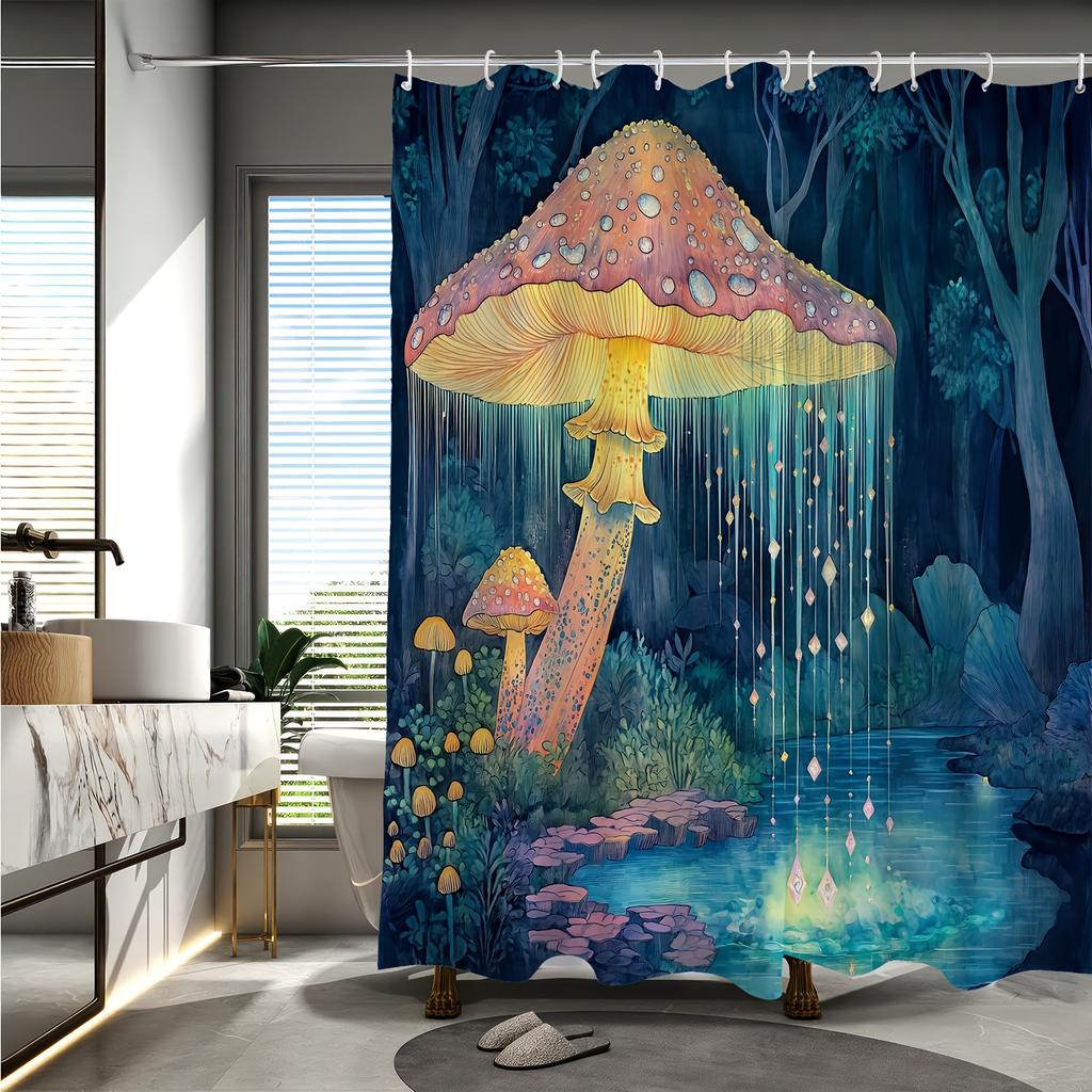 Mushroom Forest Shower Curtain, Vibrant Digital Print, Sparkling Lights, Machine Washable, All-Season Polyester Bathroom Decor