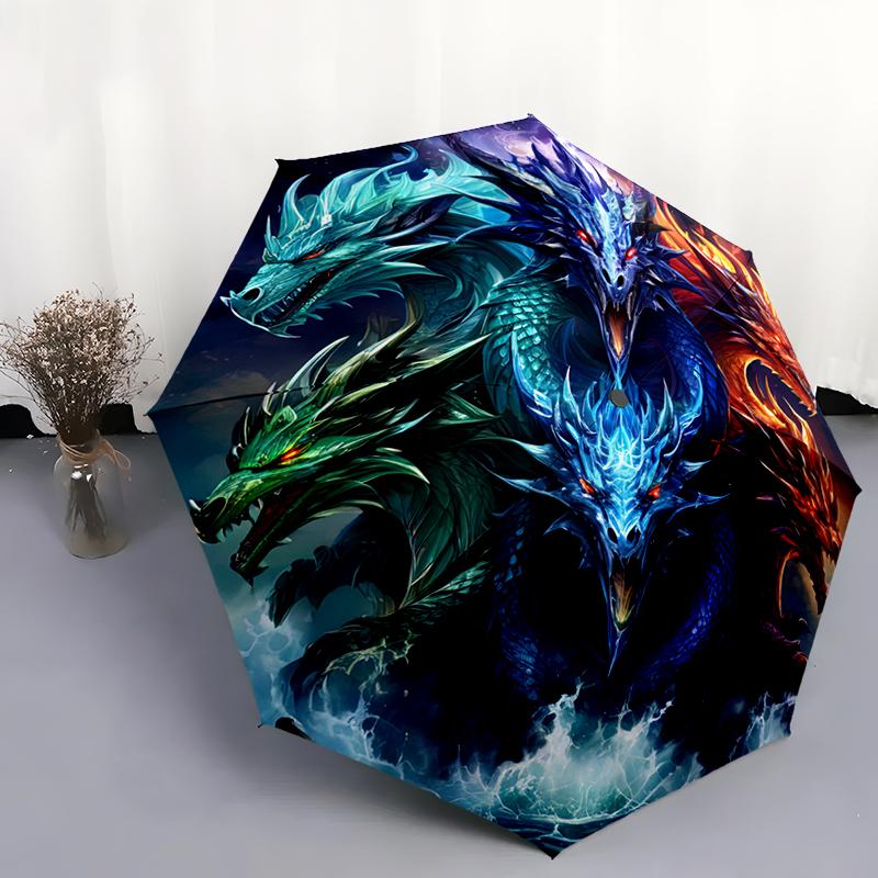 1pc Dragon, dinosaur pattern Umbrella Portable Folding Umbrella Iron Frame Hole Bone Structure Outdoor Home Umbrella