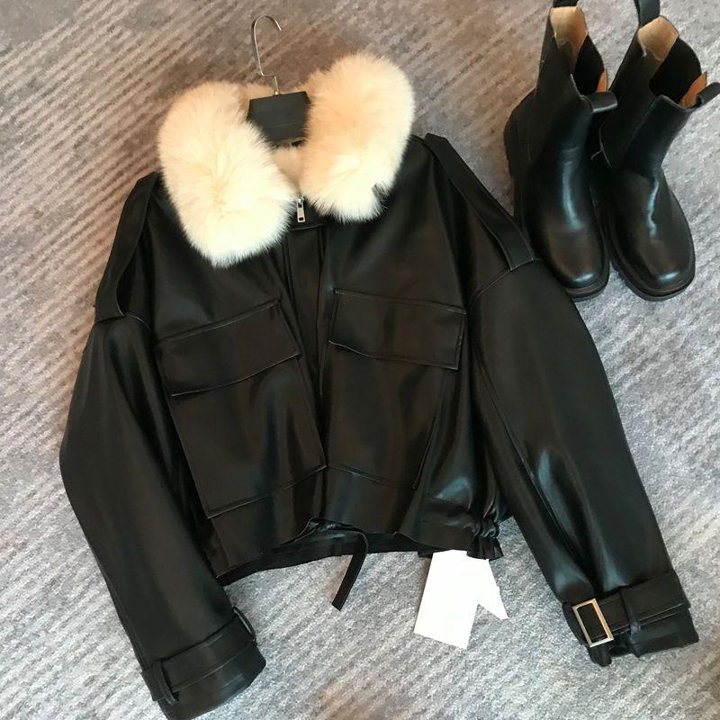 Autumn and winter velvet thickened leather jacket imitation fur short removable imitation rabbit fur collar jacket warm cotton clothing women's