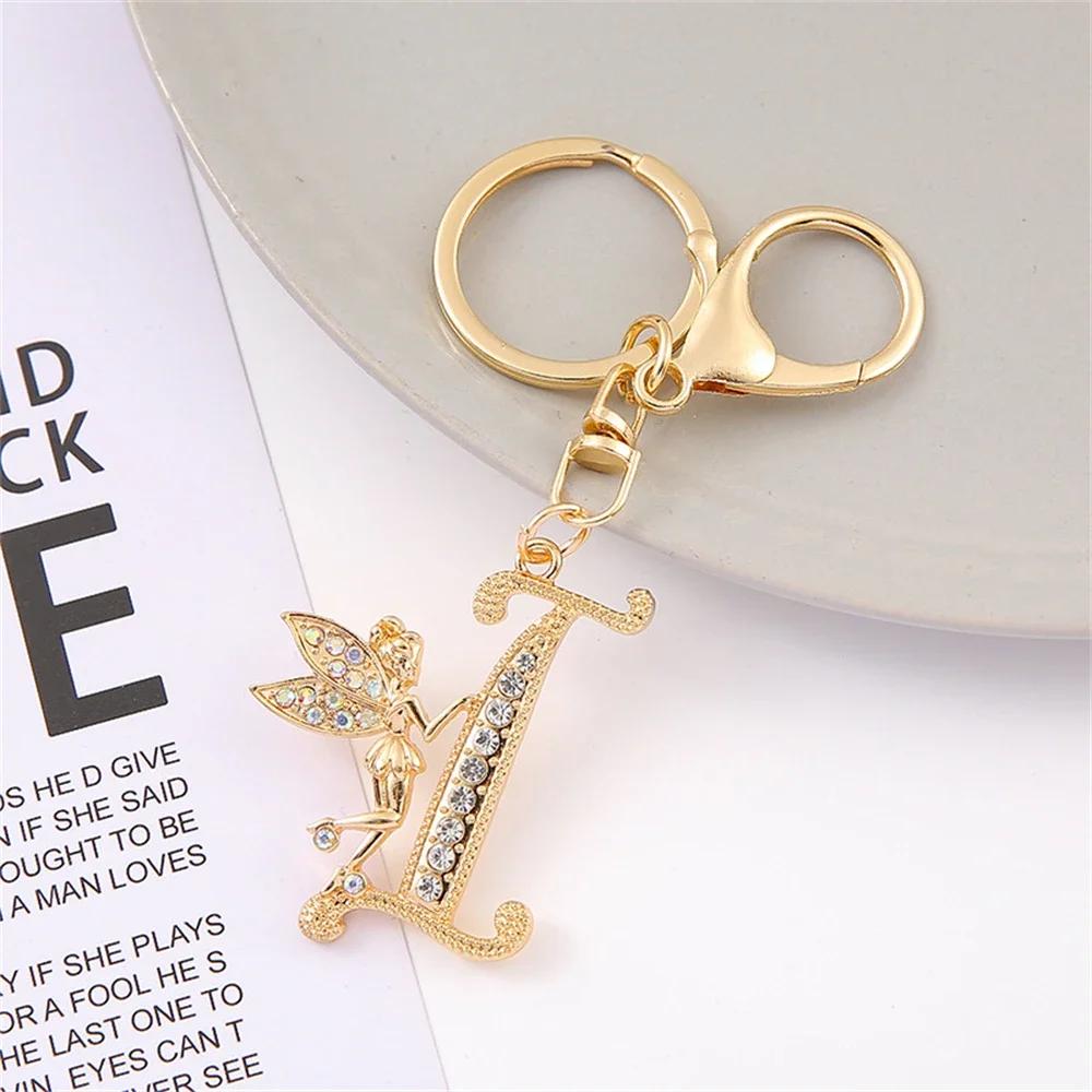 A-Z Rhinestone Elf Girl Letter Keychain Gold Color Initial Name Keyrings Girls Car Key Holder Handbag Purse Charms Decoration