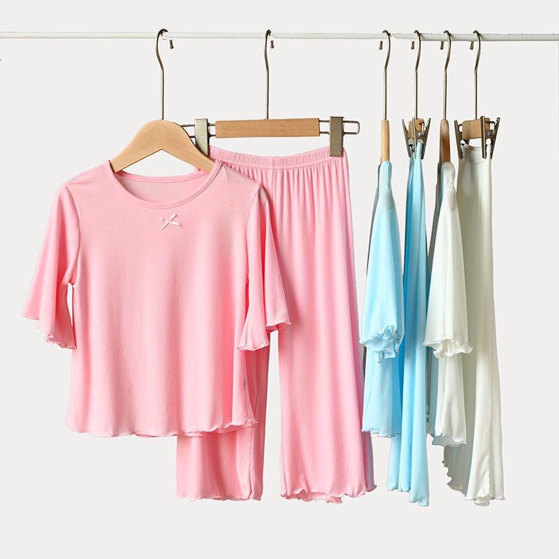 2025 Girls' Ice Silk Pajama Set: Thin Modal Summer Homewear for Small & Medium Children, Cute Style.