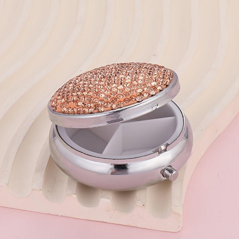 Mini Round Pill Box Bling 3 Compartment Pill Storage Box Sparkling Rhinestone Waterproof Pill Tablet Container Travel